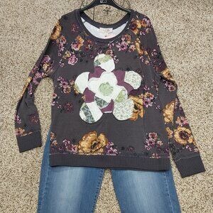 3244 Size XL No Frills Upcycled Sweat Shirt With Quilted Flower Insert.